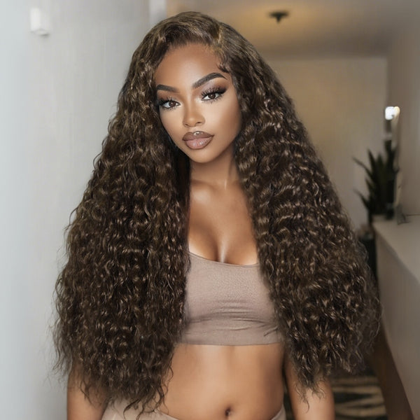 Klaiyi 13x4 Pre-Everything Warm Chestnut Brown Water Wave Lace Frontal Wig Glueless & Put On and Go with Invisible Drawstring