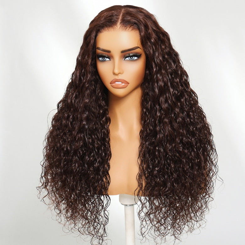 Klaiyi Chestnut Mocha Brown 13x4 Pre-Everything Lace Front Water Wave Wig Put on and Go Glueless Wig