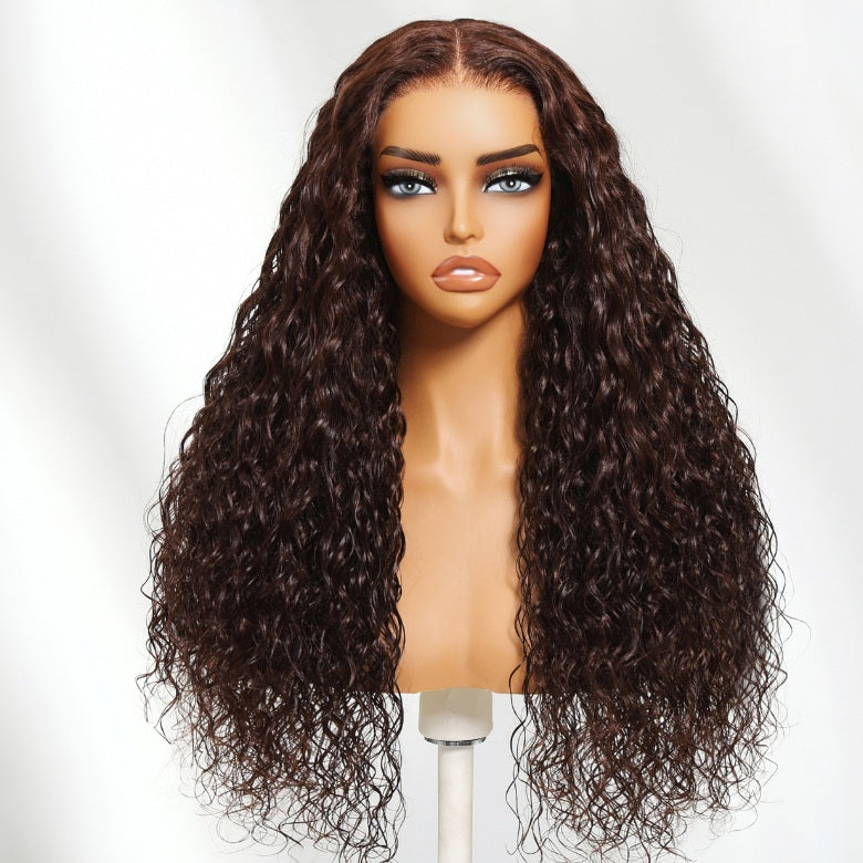 Klaiyi Chestnut Mocha Brown 13x4 Pre-Everything Lace Front Water Wave Wig Put on and Go Glueless Wig