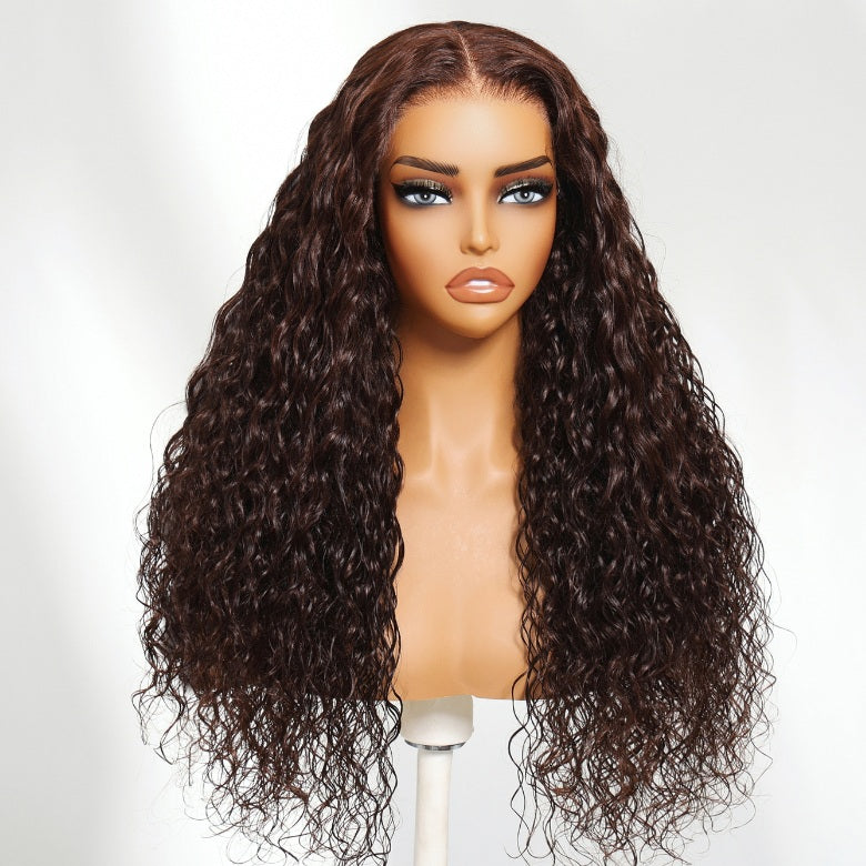 Klaiyi Chestnut Mocha Brown 13x4 Pre-Everything Lace Front Water Wave Wig Put on and Go Glueless Wig