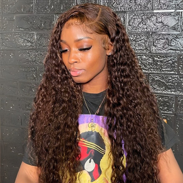 Klaiyi Chestnut Mocha Brown 13x4 Pre-Everything Lace Front Water Wave Wig Put on and Go Glueless Wig