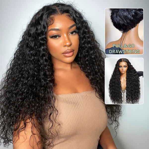 Flash Sale Klaiyi 7x5 Bye Bye Knots Pre-cut Lace Put On and Go Glueless Wig Water Wave Human Hair Wigs