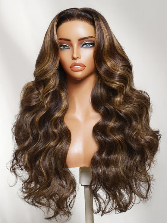Klaiyi 7x5 No-Slip Glueless Dark Brown with Honey Caramel Money Pieces 90s Blowout Layers Body Wave Wigs