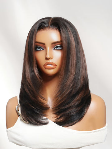 Klaiyi 7x5 No-Slip Glueless Lace Wig Brown Highlight Sleek Straight Bob Wig with Face Framing Layers