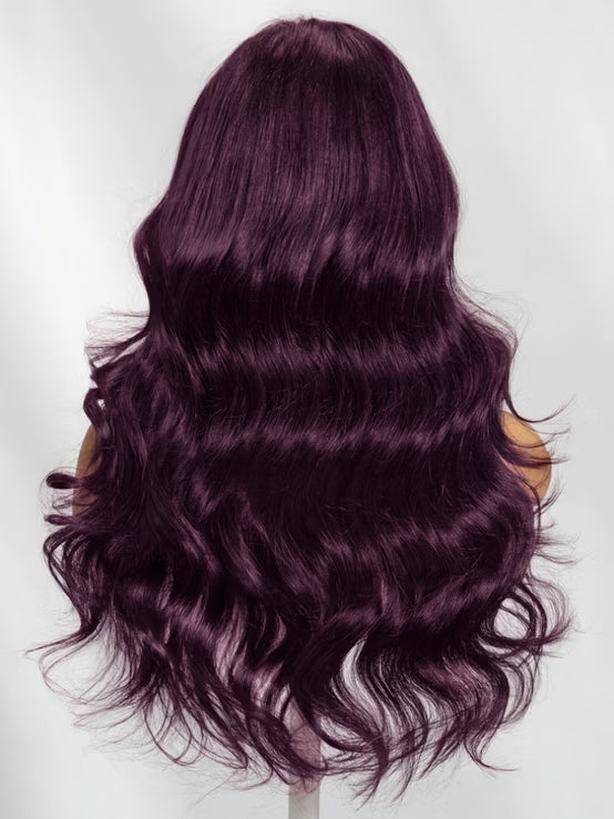 Perruque Klaiyi 13x4 Noir Cerise Bordeaux Foncé Ondulée, Pre Everything Lace Frontal avec cordon de serrage invisible 