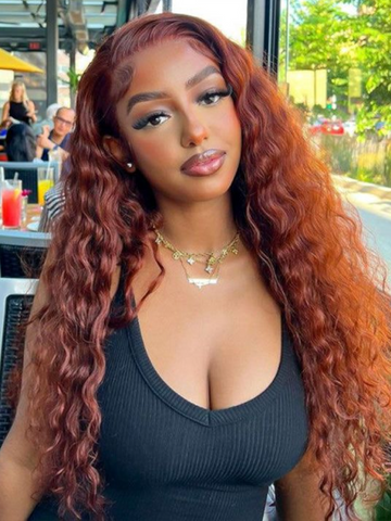 Klaiyi Reddish Brown Water Wave 7x5 Glueless Human Hair Lace Wig Put On & Go