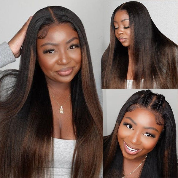 $100 OFF| Code: SAVE100 Klaiyi Ombre Chestnut Brown Yaki Straight Put On and Go Glueless Wig 7x5 Bye Bye Knots Lace Closure Human Hair Wigs with Invisi Drawstring