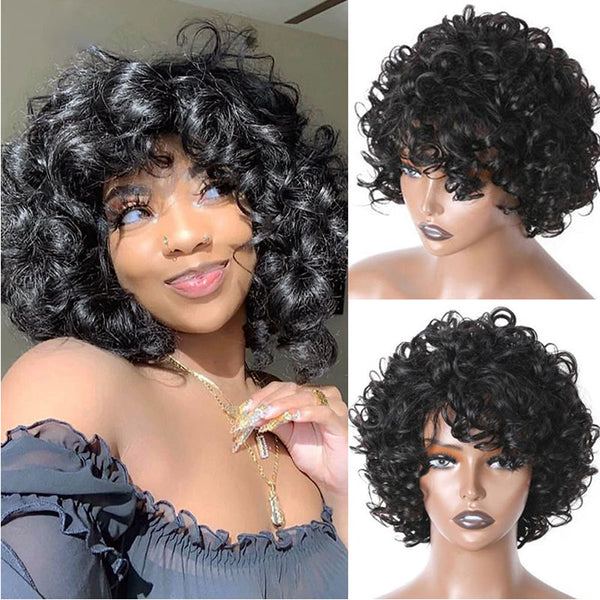 Buy 1 Get 1 Free,Code:BOGO | Klaiyi Bouncy Curls Short Human Hair Wigs with Bangs Glueless Pixie Cuts Wigs