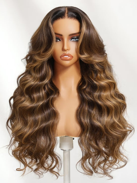 Klaiyi 7x5 No-Slip Glueless Chocolate Brown with Golden Brown Highlights Body Wave Human Hair Wig Put On & Go with Invisi Drawstring