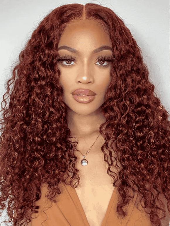 Klaiyi 13x4  Lace Frontal Wig Kinky Curly Auburn Brown Color Flash Sale