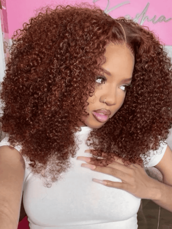 Klaiyi 13x4  Lace Frontal Wig Kinky Curly Auburn Brown Color Flash Sale