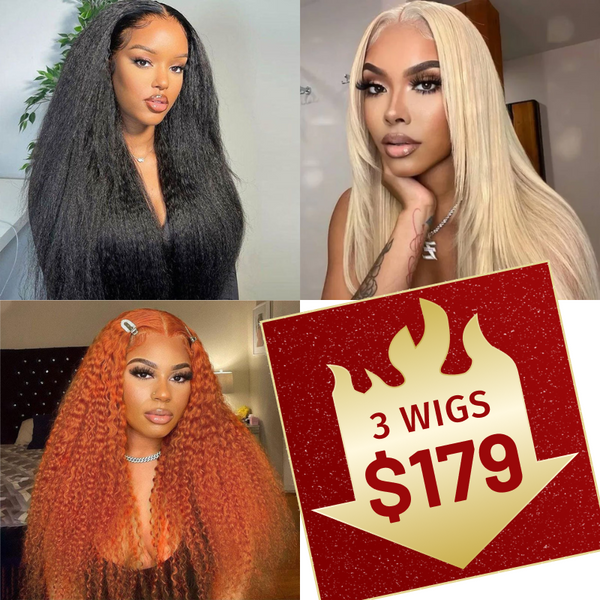 $179 Get 3 Wigs | 13x4 Lace Front 180% Density #613 Blonde Bone Straight Wigs with Layer Inner Buckle + 4x4 Lace Closure Kinky Straight Wig +  13x4 Lace Front Wig Ginger Color Jerry Curly Wig Flash Sale