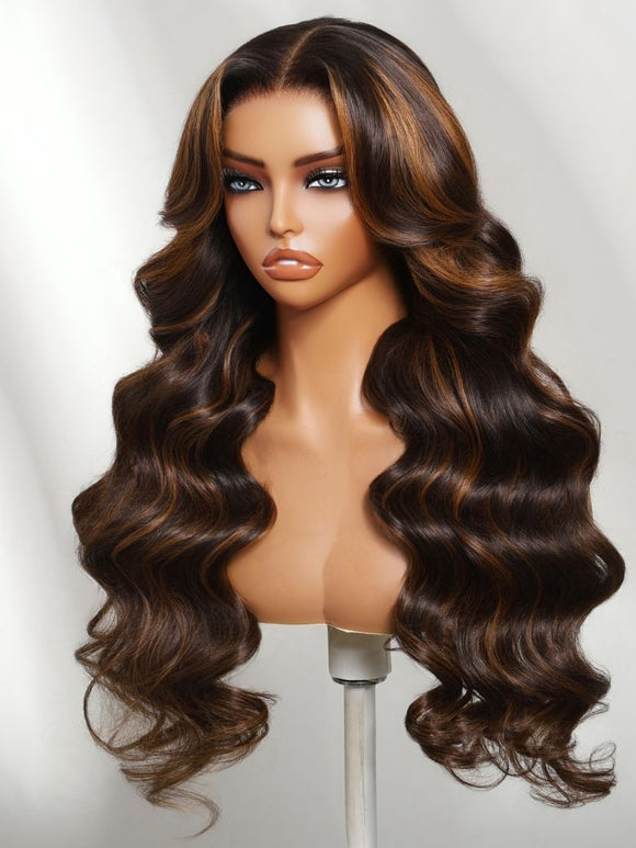 Klaiyi 7x5 No Slip Wig Dark Brown Wig with Caramel Balayage  Body Wave Put On and Go Glueless Human Hair Wig