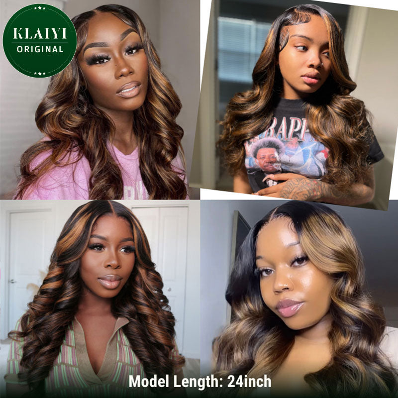 Klaiyi Precolored Ombre Balayage Highlight Body Wave Lace Front Human Hair Wigs