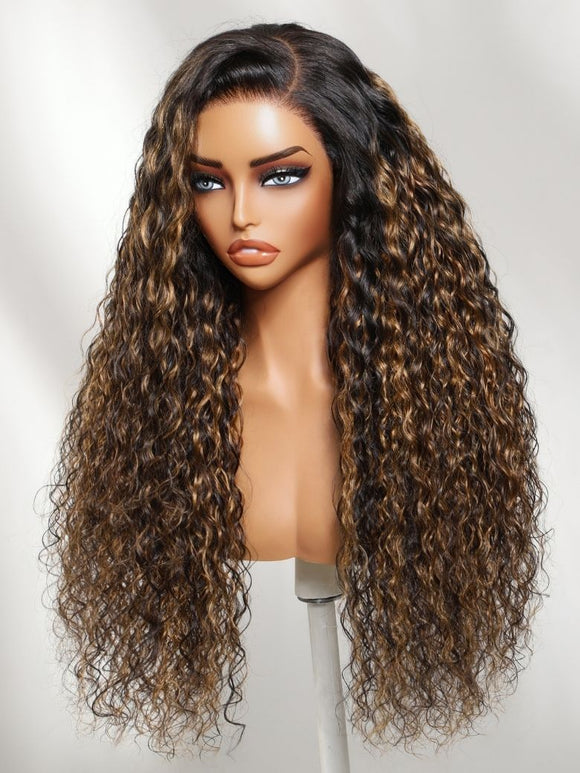 Klaiyi 7x5 No Slip Gluless Lace Closure Wig Balayage Brown Highlight Water Wave Human Hair