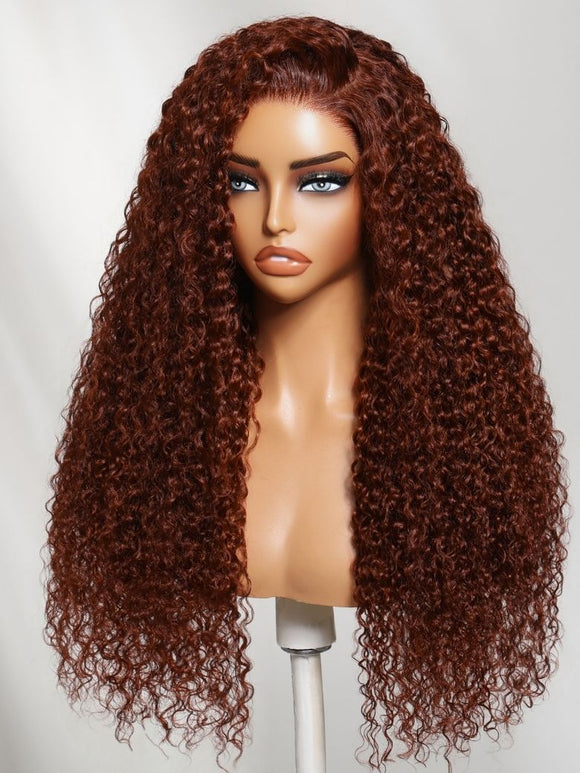 Perruque Klaiyi Afro Kinky Curly Reddish Brown, densité 180%, 13x4, pré-assemblée avec une frontale invisible et un cordon de serrage, sans colle. 