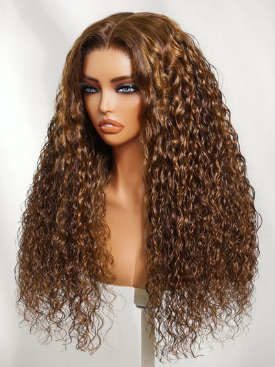 Klaiyi 13x4 Pre-Everything Water Wave Wig Warm Caramel Brown with Honey Highlights Glueless Lace Front Wig