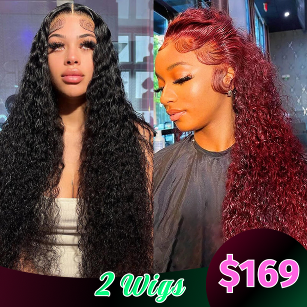 $169 Get 2 Wigs |  Lace Part Jerry Curly Wig With Kinky Egde + 13x4 Lace Front 99J Jerry Curly Wig Flash Sale
