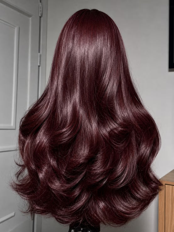 Klaiyi 7x5 Bye Bye Knots No Slip Glueless Lace Wig Burgundy Red Layered Body Wave Human Hair Wig