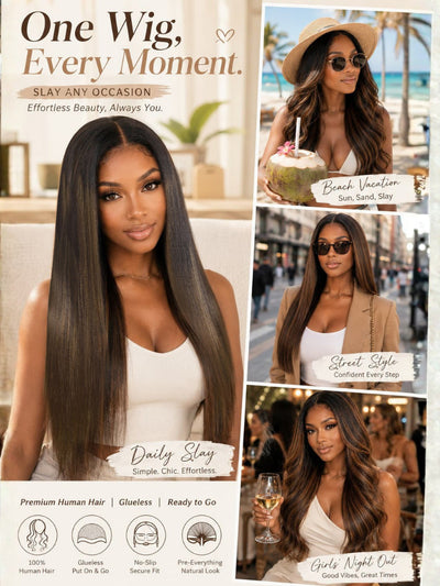 Klaiyi Ombre Chestnut Brown Yaki Straight 7x5 No-Slip Glueless Wig Put On & Go Human Hair Wigs with Invisi Drawstring