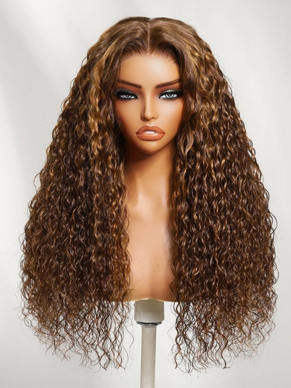 Perruque Klaiyi Ombre Brown Balayage Highlight Body Wave 7x5 Bye Bye Knots, précolorée, sans colle, en cheveux humains et dentelle. 