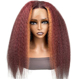 Limited Clearance Sale|Klaiyi Burgundy Highlight Kinky Straight Wig with Orange Stripes Lace Front Wig Flash Sale