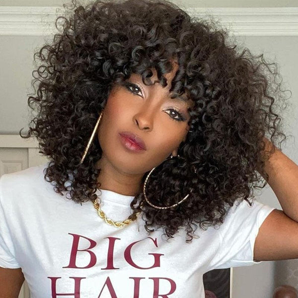 Klaiyi  60% Off Flash Sale Bouncy Curl Wig with Bangs Affordable Short Human Hair Wigs