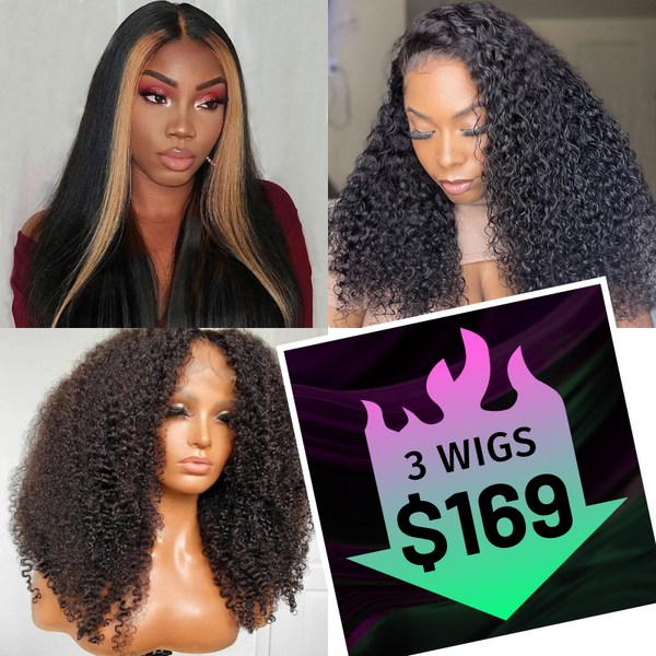 $169 Get 3 Wigs | Lace Part Kinky Curly Wig +180% Density Lace Part Honey Blonde Straight Wig + U Part Jerry Curly Wig Flash Sale