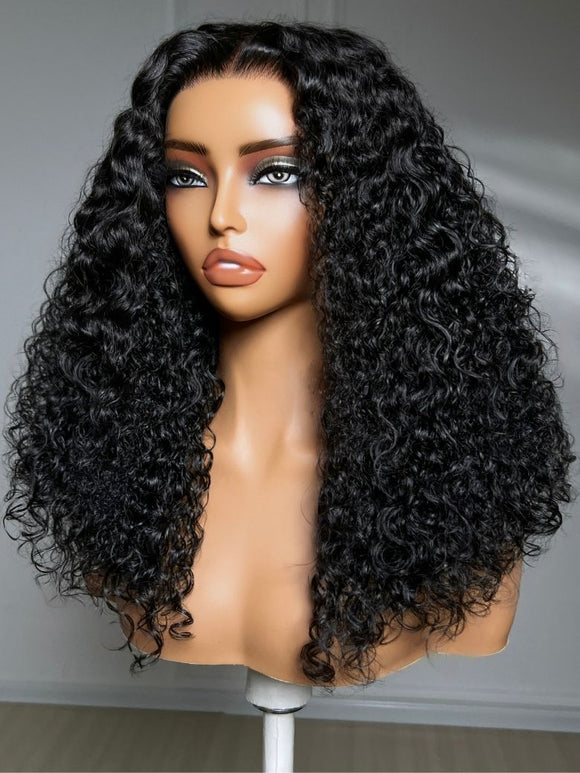 Klaiyi 7x5 No-Slip Glueless Curly Wig Natural Black Fluffy Hair with Drawstring Put On & Go