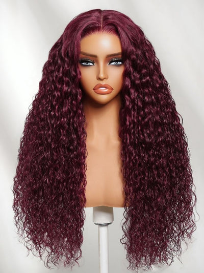 Klaiyi 99J Burgundy Water Wave Wig Long Human Hair 13x4 Glueless Lace Front Wig with Invisi Drawstring Flash Sale