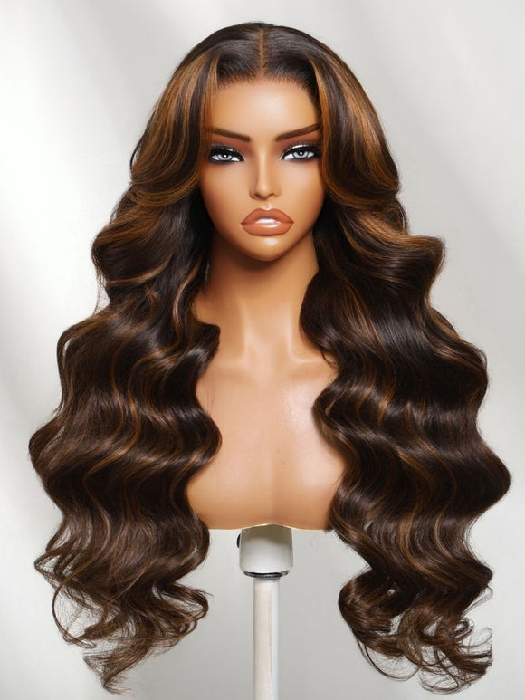 Klaiyi 7x5 No Slip Wig Dark Brown Wig with Caramel Balayage  Body Wave Put On and Go Glueless Human Hair Wig