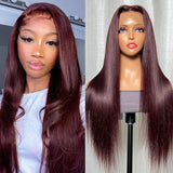 Extra 60% OFF | Klaiyi Dark Burgundy Color Straight Lace Front Wig Pre-Plucked