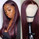 Low to $89 Deal |Klaiyi Dark Burgundy Color Straight Human Hair Lace Front Wig Flash Sale