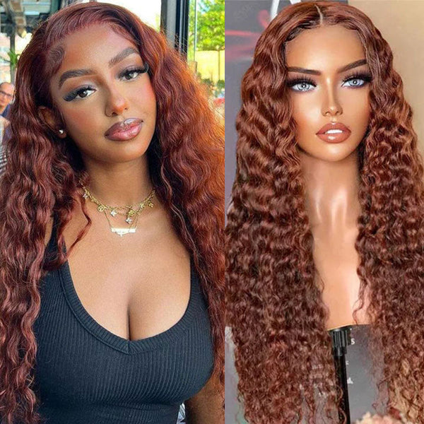 Under $100 Clearance | Klaiyi Reddish Brown Water Wave T Part  Lace Wig Human Hair Flash Sale