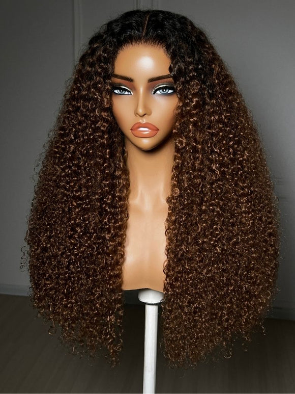 Klaiyi 7x5 No Slip Wig Warm Caramel Brown with Dark Roots Sun-Kissed Colored Natural Afro Curly Hair Put On and Go Glueless Human Hair Wig