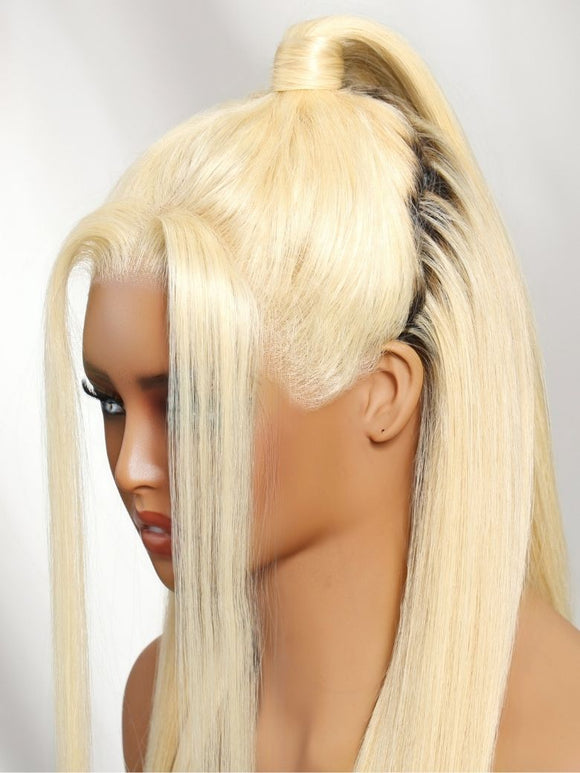 Klaiyi 613 Blonde Straight Transparent 13x4 Lace Frontal Wig Body Wave Human Hair Glueless Wig with Invisi Drawstring 180% Density