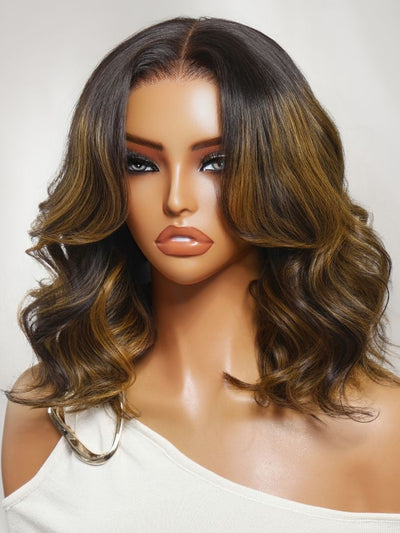 Klaiyi Brown Balayage Highlight Bob Wig 7x5 No-Slip Glueless Lace Face-Framing Blowout Body Wave Bob