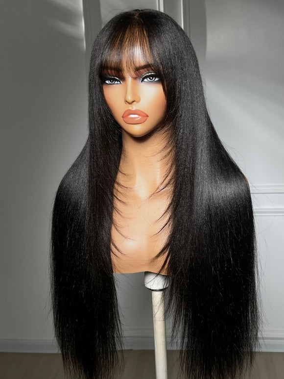 Klaiyi Yaki Straight Human Hair Glueless Wig with Blunt Cut Bangs Natural Black Color