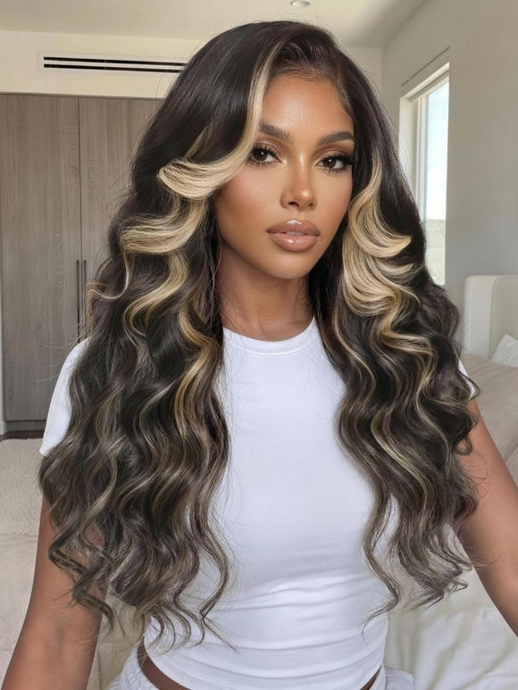 Perruque Klaiyi Ombre Brown Balayage Highlight Body Wave 7x5 Bye Bye Knots, précolorée, sans colle, en cheveux humains et dentelle. 