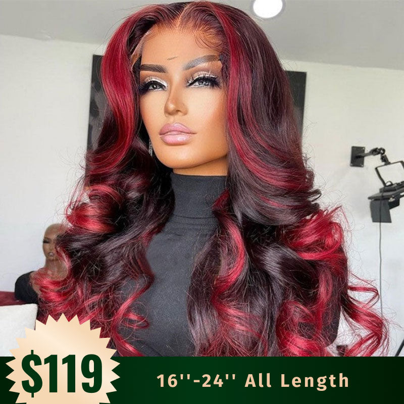 All Length $119 Deals|Klaiyi Ombre Highlight Dark Burgundy with Rose Red 13x4 Lace Frontal Wig Body Wave Wig Flash Sale