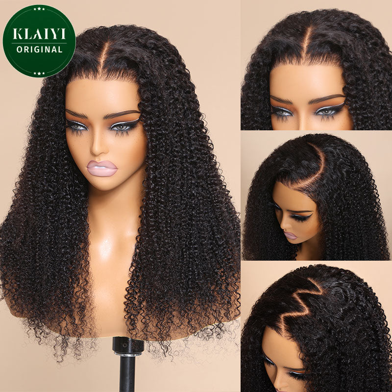 Klaiyi Put On and Go 7x5 Bye Bye Knots Pre-cut Glueless Lace Wig Natural Color Kinky Curly Human Hair