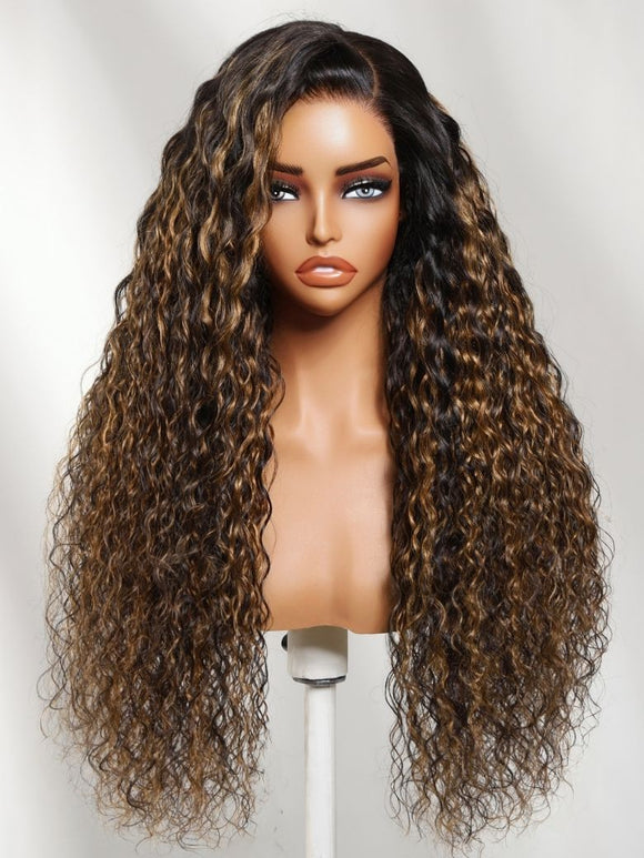 Klaiyi 7x5 No Slip Gluless Lace Closure Wig Balayage Brown Highlight Water Wave Human Hair