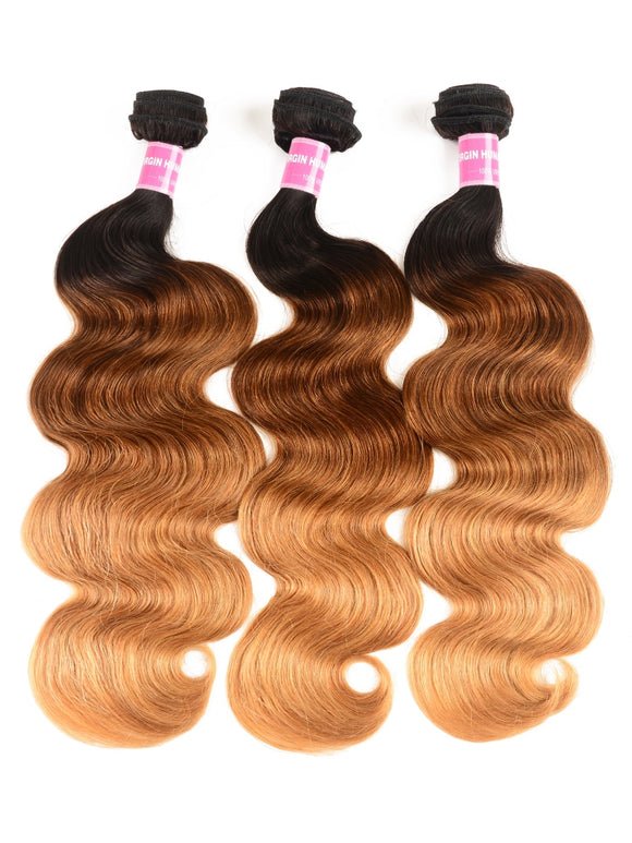 Klaiyi 3 Tone Ombre Human Hair Body Wave 3/4 Bundles Hair Weave 1b/4/27 Color