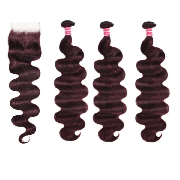 Flash Sale Klaiyi Body Wave Black Cherry Burgundy 3 Bundles With 4x4 Lace Closure 100% Human Hair