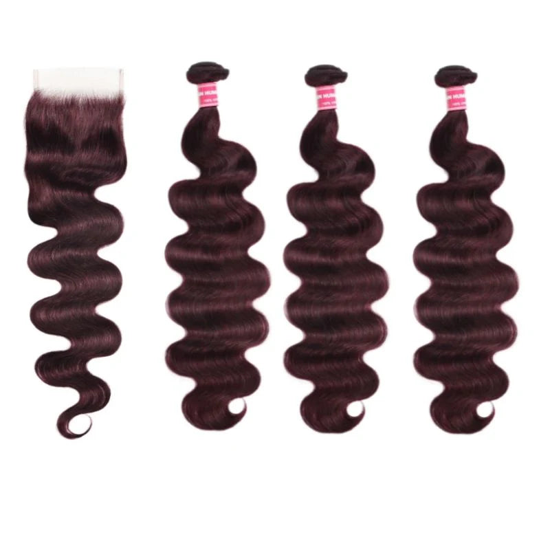 Flash Sale Klaiyi Body Wave Black Cherry Burgundy 3 Bundles With 4x4 Lace Closure 100% Human Hair