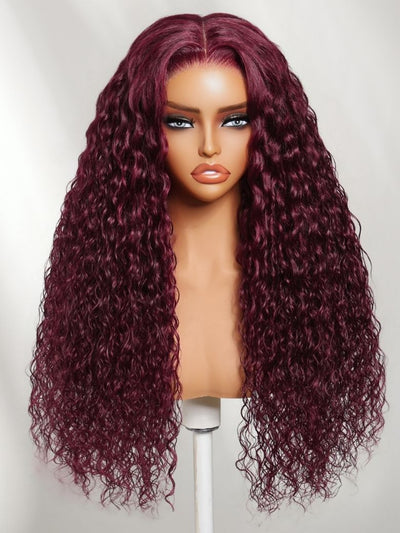 Klaiyi 99J Burgundy Water Wave Wig Long Human Hair 13x4 Glueless Lace Front Wig with Invisi Drawstring Flash Sale