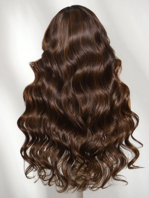 Klaiyi 7x5 No Slip Wig Dark Brown Wig with Caramel Balayage  Body Wave Put On and Go Glueless Human Hair Wig