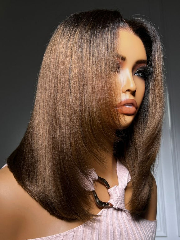 Perruque courte Klaiyi Bob Ombre Châtain Brun avec nœuds défaits (7x5) et perruque frontale en dentelle (13x4) - Vente flash 