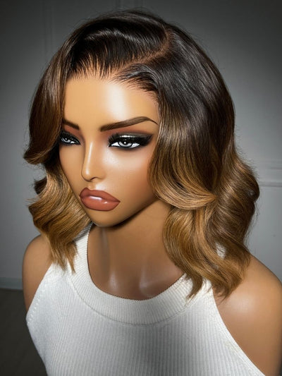 Klaiyi Balayage Brown French Bob Wig Shoulder-Length Loose Curls 13x4 Pre-Everything Glueless Lace with Invisi Drawstring