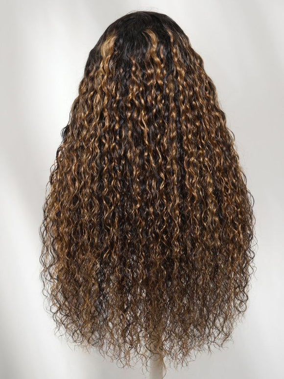 Klaiyi 7x5 No Slip Gluless Lace Closure Wig Balayage Brown Highlight Water Wave Human Hair
